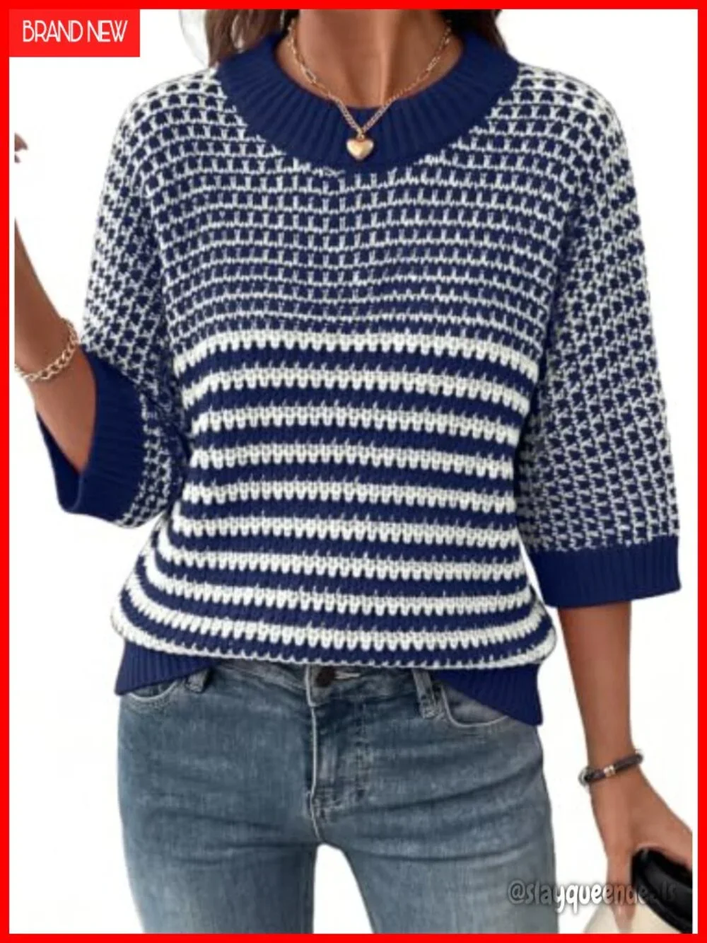 3/4 Sleeve Striped Sweater Top, Crewneck Knit Pullover